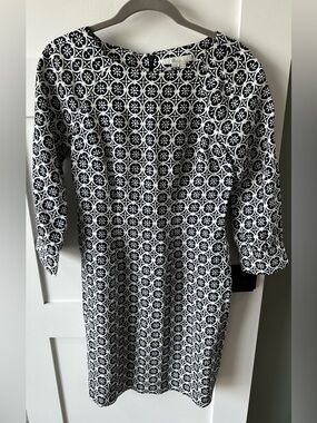Boden Kate Linen Dress Size 6 Blue White Geometric Shift Knee Length